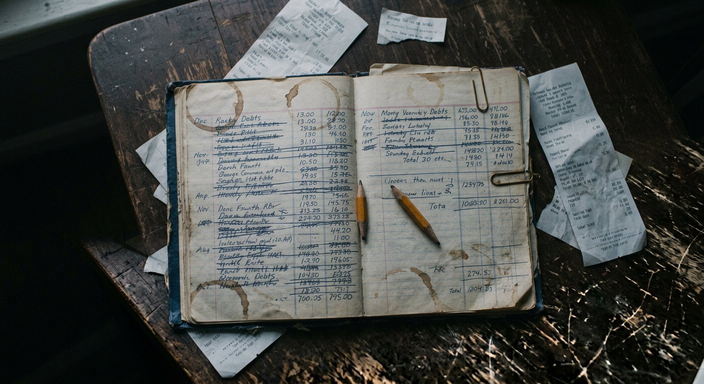 A worn paper ledger filled with handwritten, crossed-out debt entries