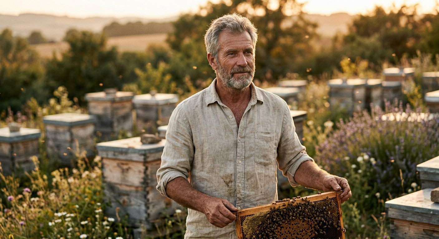 Beekeeper standing among hives at golden hour