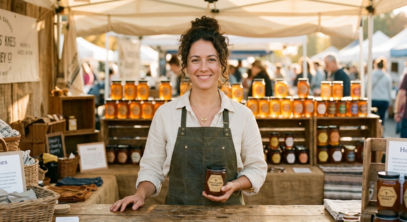 Woman running a honey stall in warm morning light