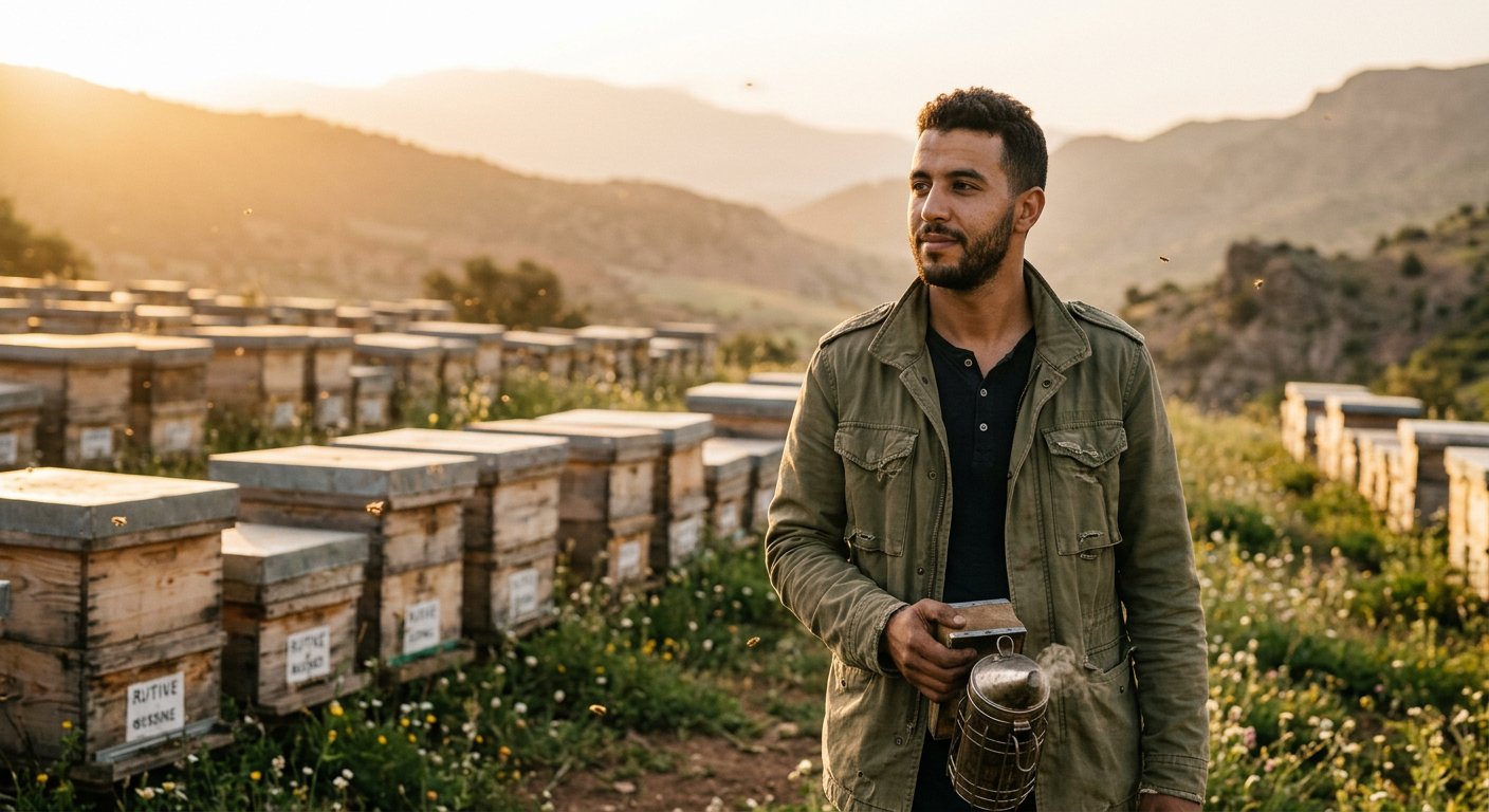 Young apiary owner near wooden beehives at sunrise